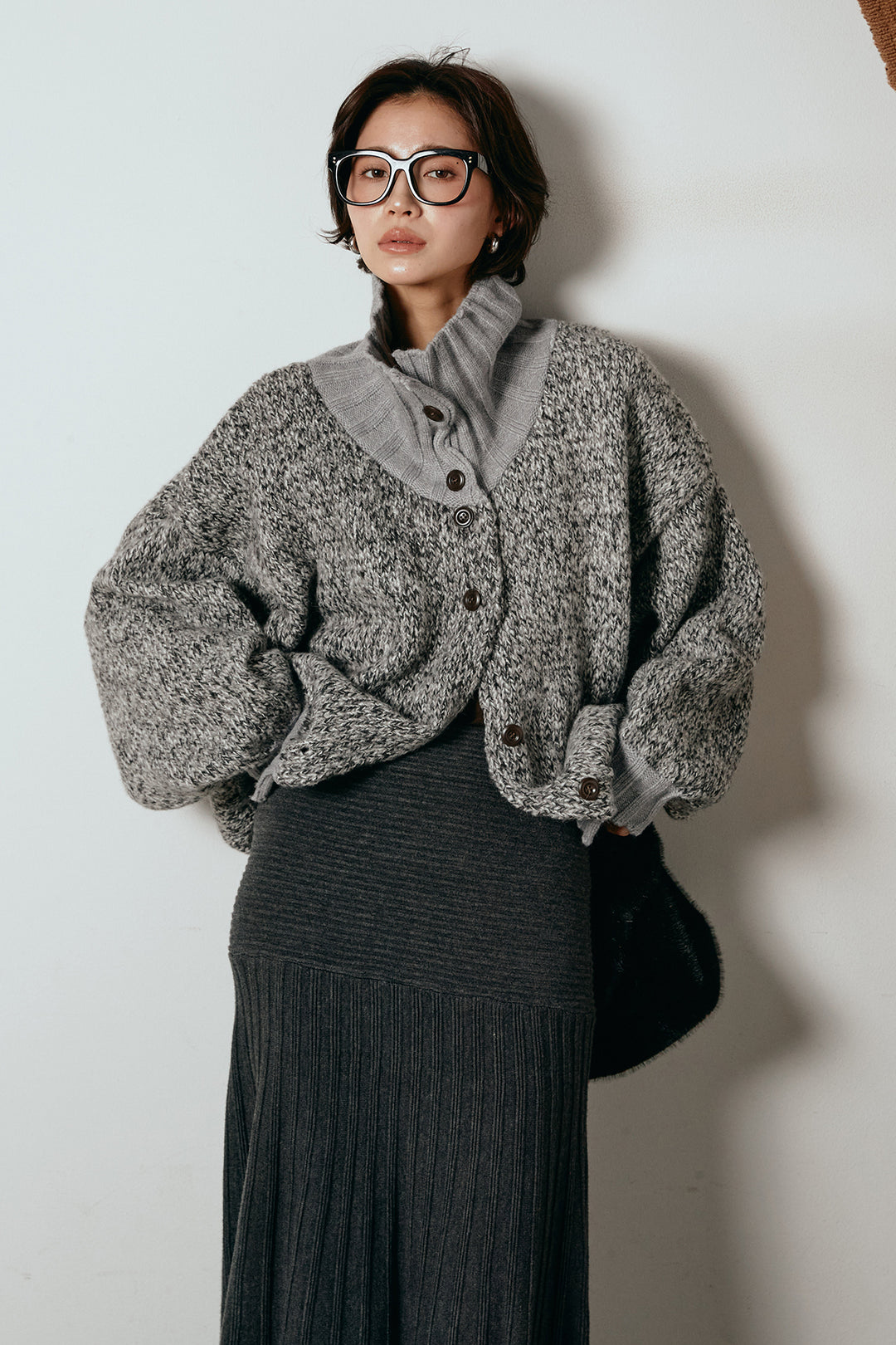 [SET]ハイネックミックスニットカーディガン+編み地切り替えフレアニットスカート(2set)