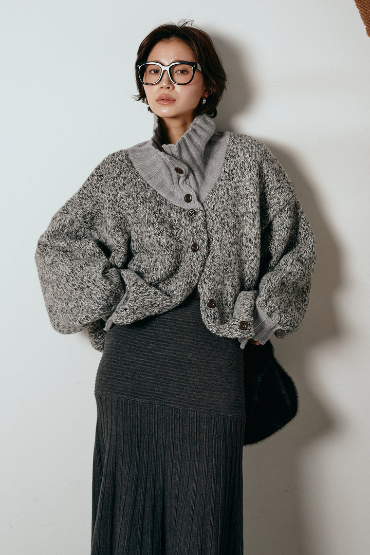 [SET]ハイネックミックスニットカーディガン+編み地切り替えフレアニットスカート(2set)