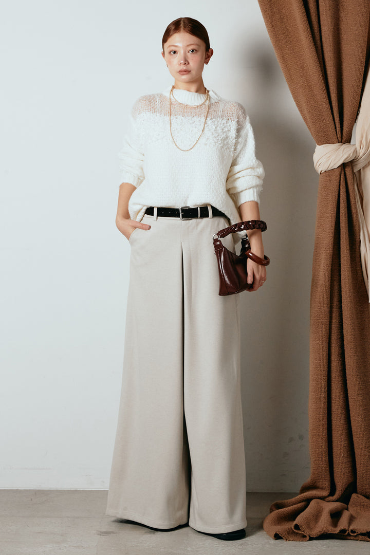 [SET]パターンランダム編みニットトップス+ベルト付きフロントタックデザインパンツ(2set)