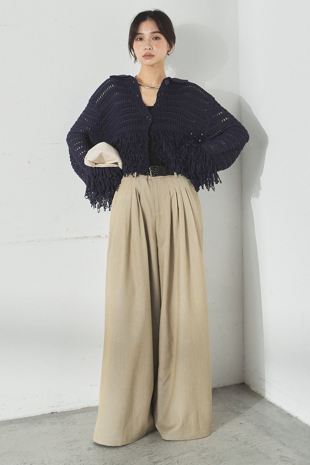 [SET]メッシュフリンジカーディガン+編みベルト付きウエストタックワイドパンツ(2set)