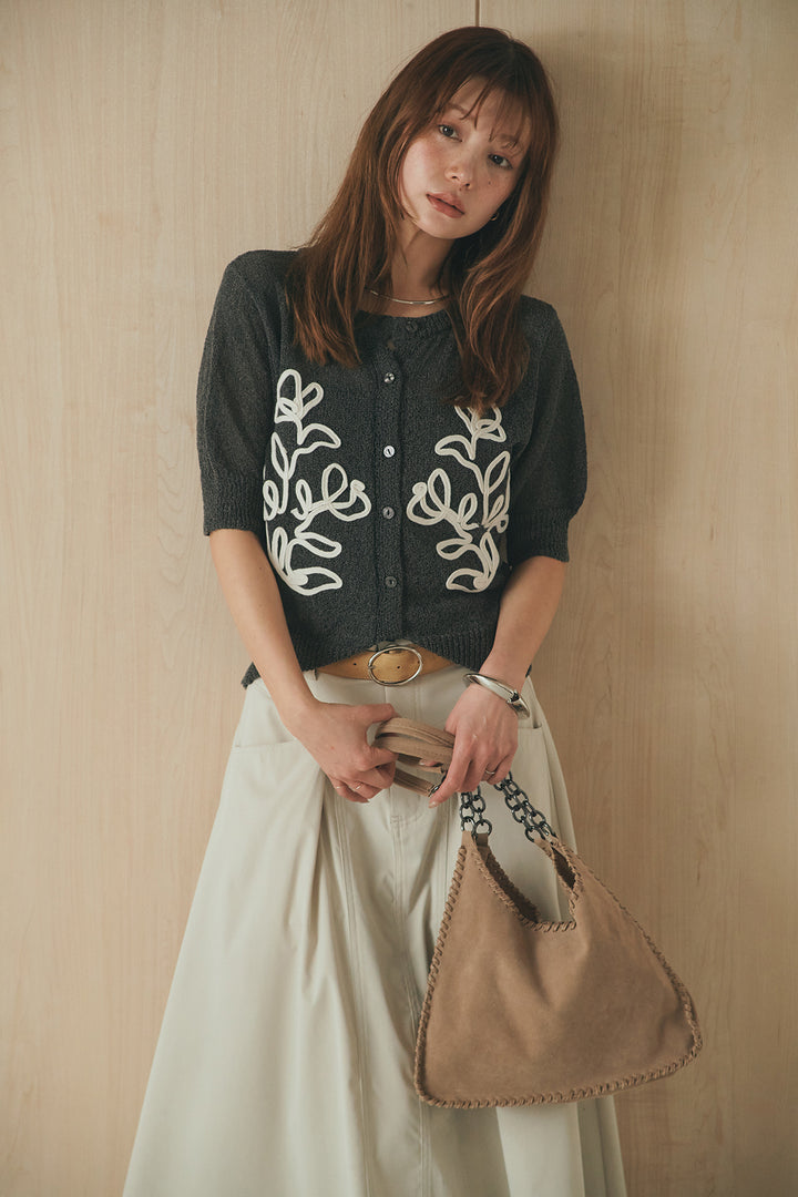 [SET]フロントテープデザイン半袖カーディガン+ミリタリーツイルタックフレアスカート(2set)