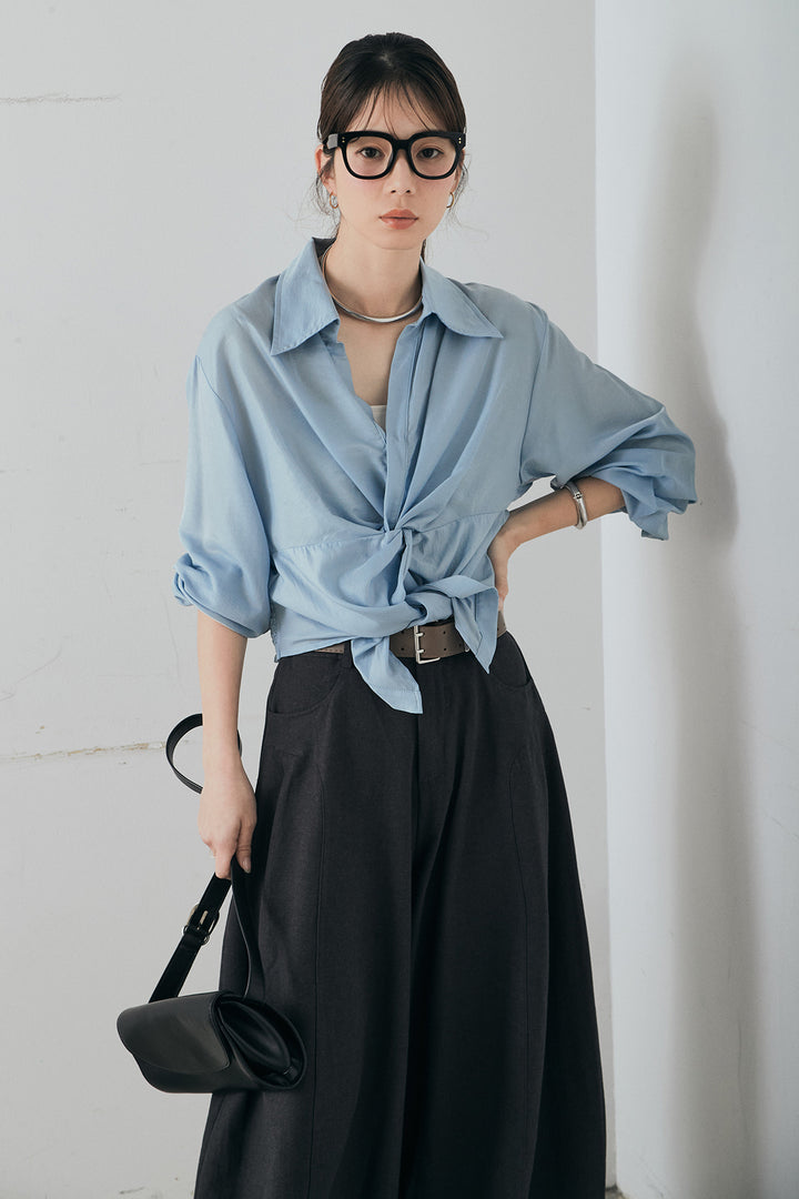 [SET]裾巻きツイストデザインシャツ+ベルト付きサイドタックワイドパンツ(2set)
