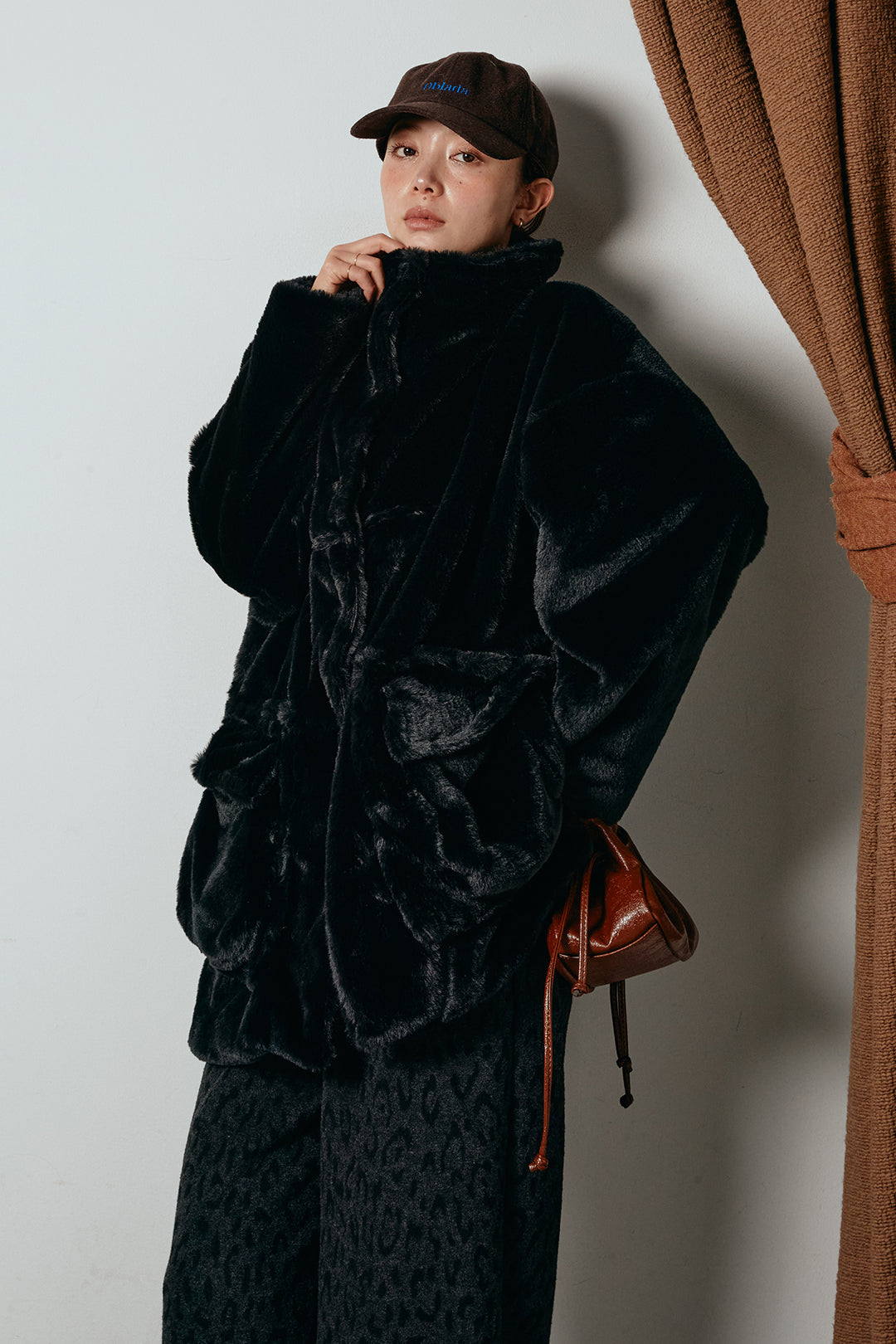 [SET]スタンドネックファーコート+レオパードジャガードニットパンツ(2set)