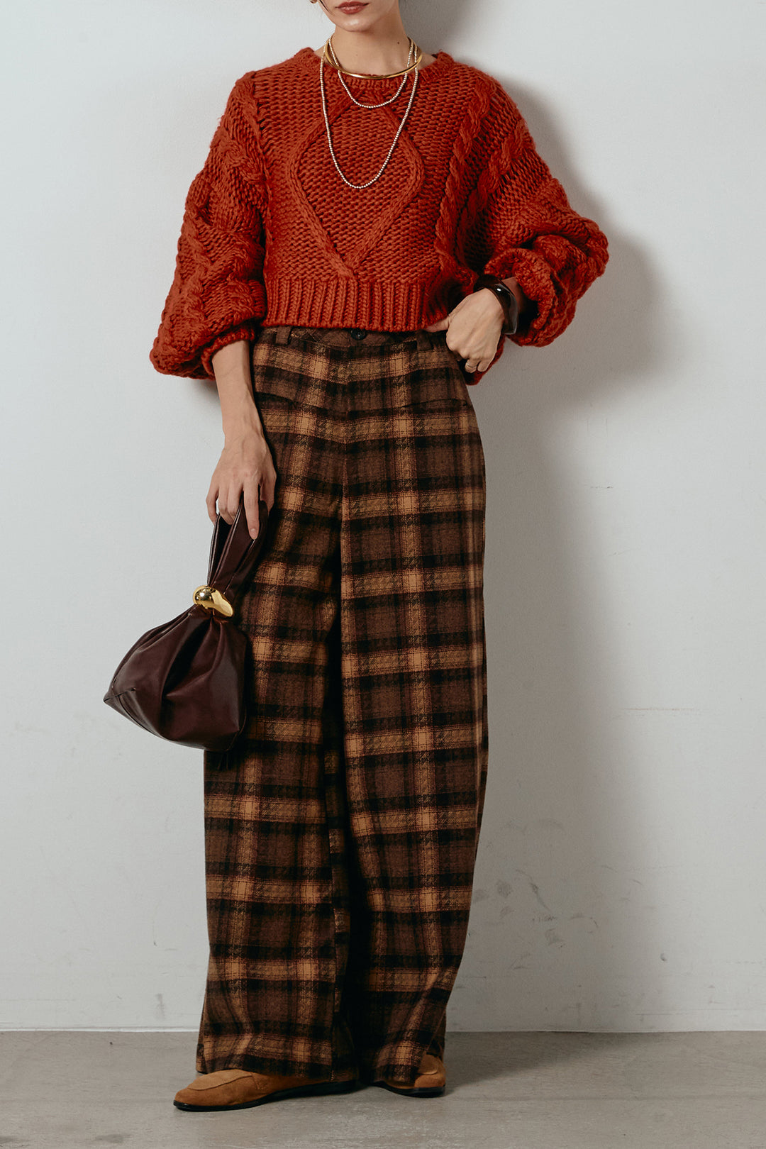 [SET]ロービングケーブルショート丈プルオーバー+ルーズタータンチェックワイドパンツ(2set)