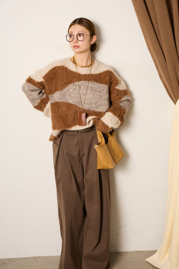 [SET]シャギーウェーブ柄クルーネックニットトップス+細ベルト付き起毛タックワイドパンツ(2set)