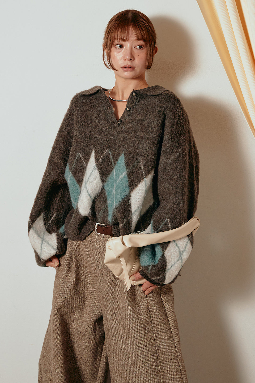 [SET]アーガイル柄ポロニットトップス+ベルト付きネップツイードカーブパンツ(2set)