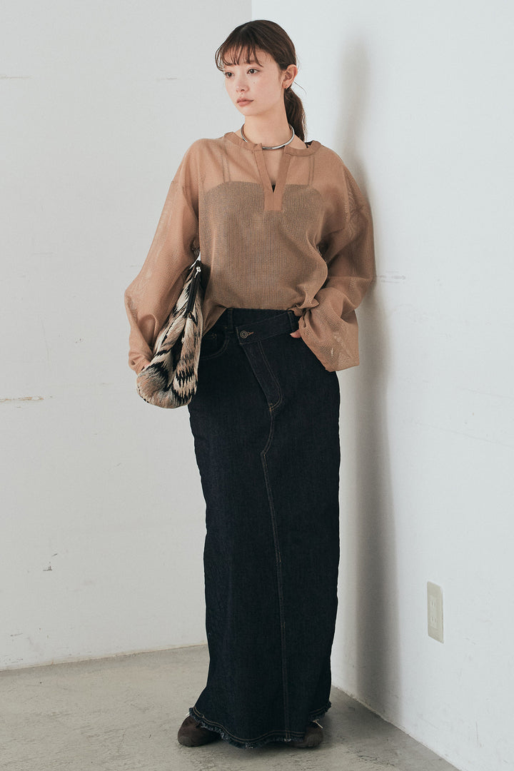 [SET]メッシュカットソースキッパープルオーバー+ウエストクロスデニムタイトスカート(2set)