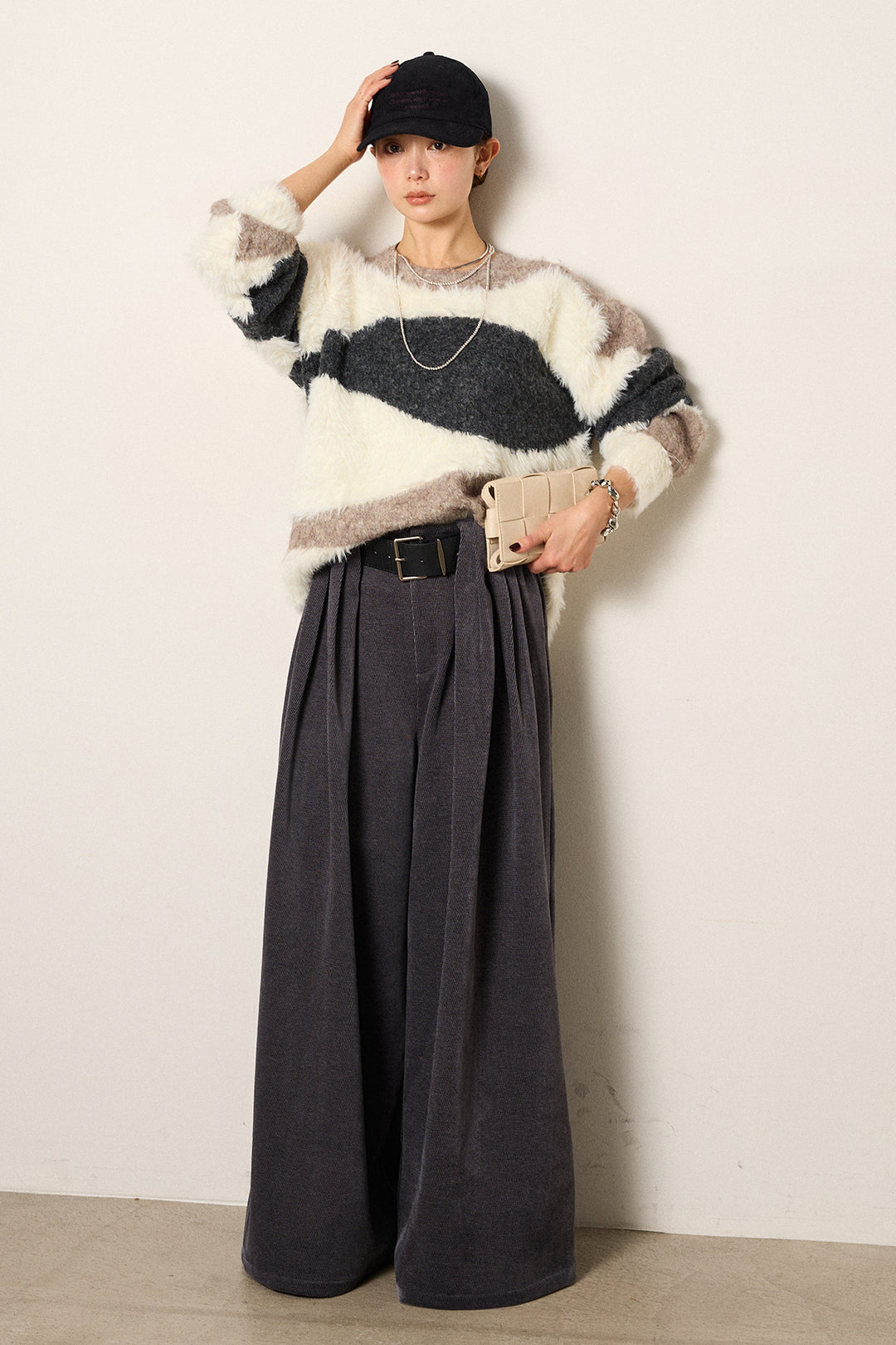 [SET]シャギーウェーブ柄クルーネックニットトップス+ベルトループコーデュロイワイドパンツ(2set)