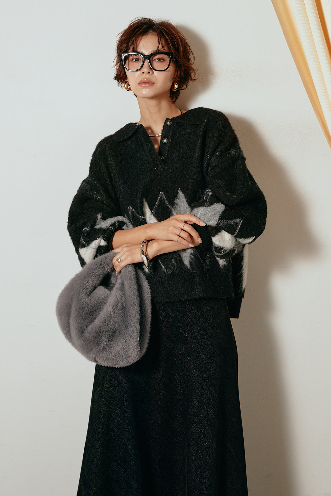 [SET]アーガイル柄ポロニットトップス+スウェードライクロングスカート(2set)