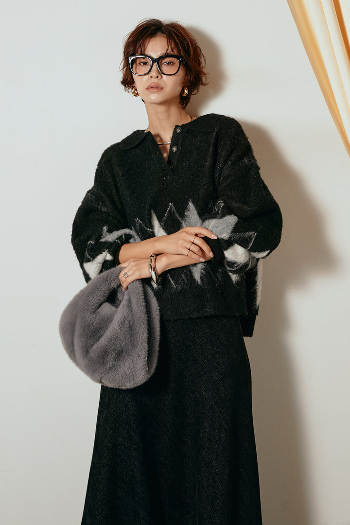 [SET]アーガイル柄ポロニットトップス+スウェードライクロングスカート(2set)