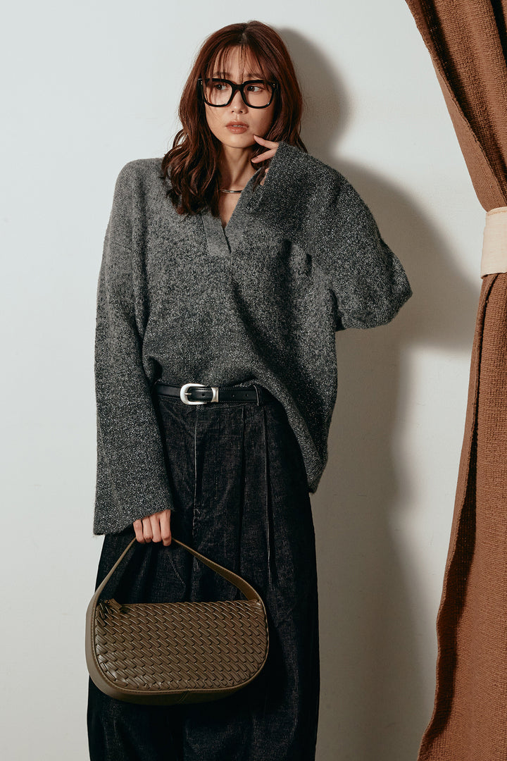 [SET]グラデーションラメニットキーネックプルオーバー+フロントタック入りコーデュロイパンツ(2set)