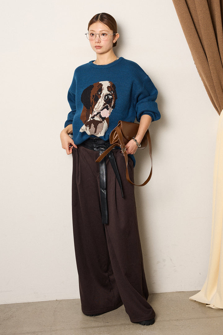 [SET]アニマルジャガード柄ニットトップス+巻ベルトウエストレザーライクワイドパンツ(2set)