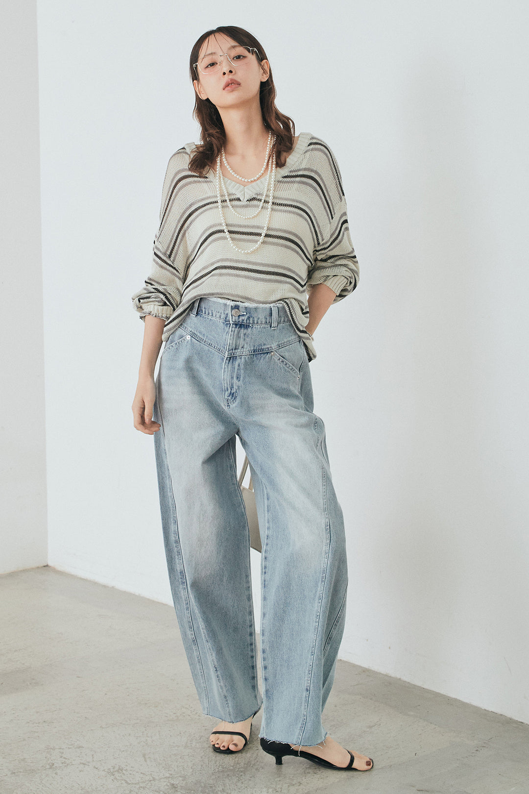 [SET]綿タッチVネックボーダートップス+デニムヨークパンツ(2set)