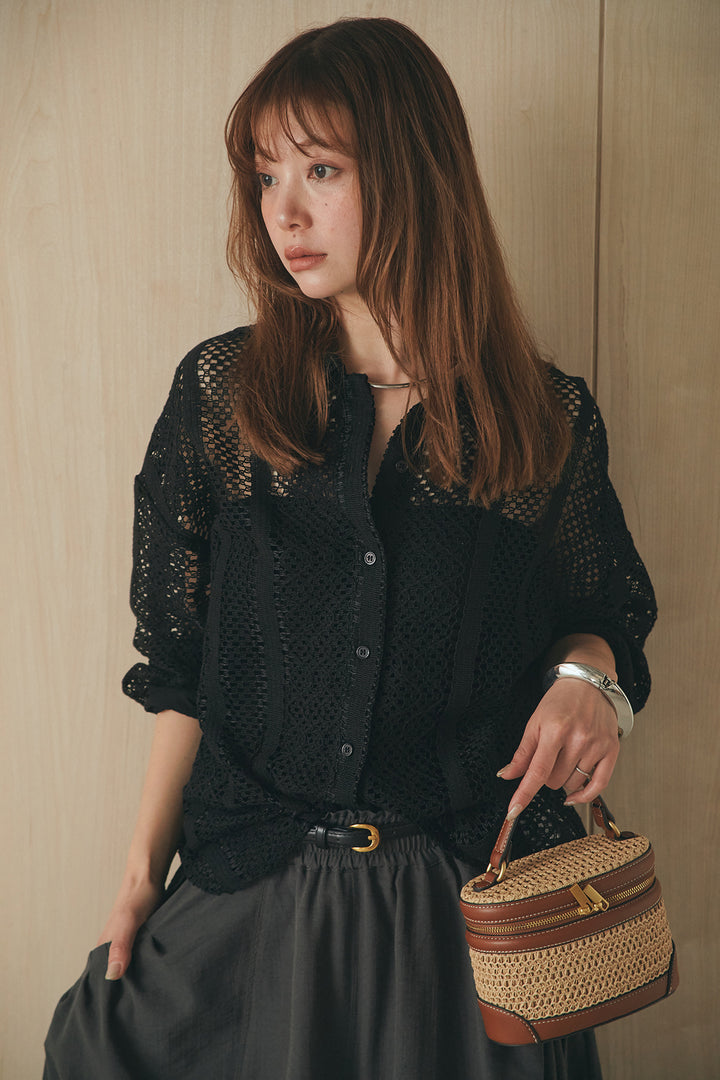 [SET]長袖襟付きレースシャツ+ポケットタックフォルムパンツ(2set)