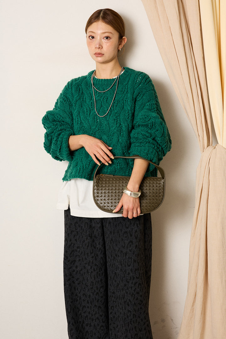 [SET]ケーブルリラックスショートニット+レオパードジャガードニットパンツ(2set)