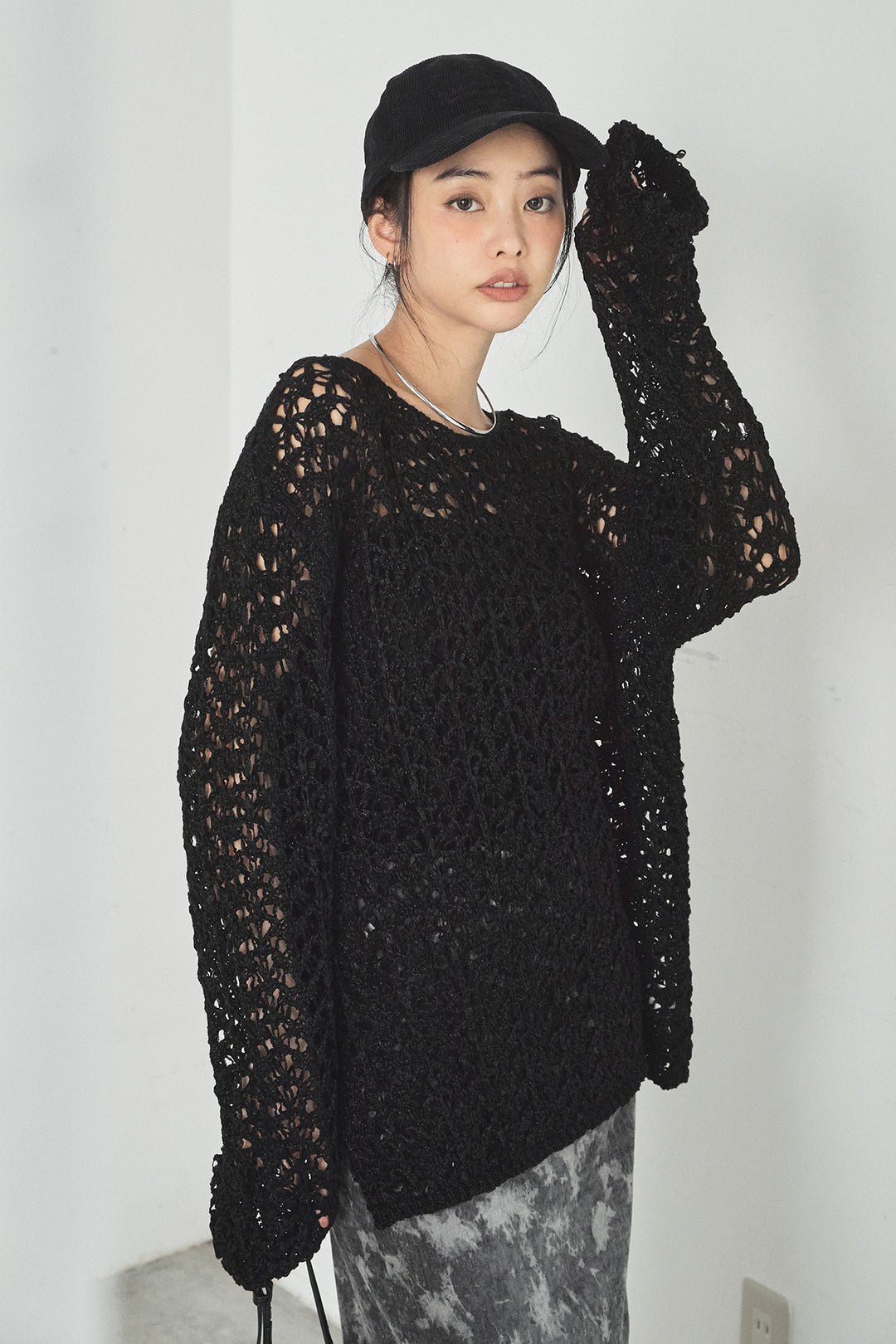 [SET]リラックスメッシュニットトップス+タイダイ柄ベロアワイドスカート(2set)