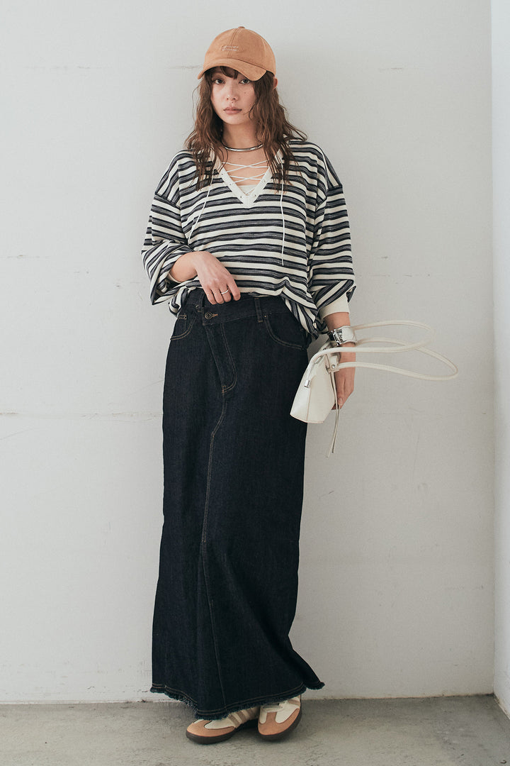 [SET]レースアップワッフルボーダートップス+ウエストクロスデニムタイトスカート(2set)