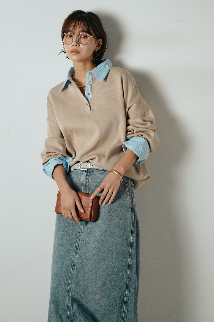 [SET]ストライプシャツドッキングポロトップス+デニムロングフレアスカート(2set)