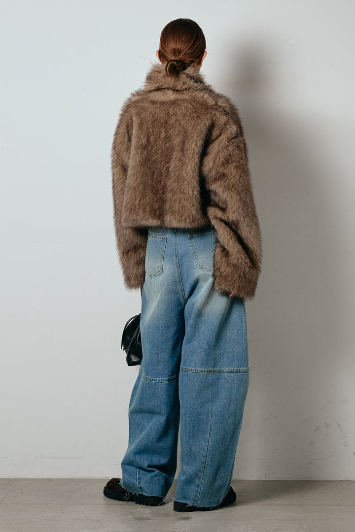 [SET]エコファーショート丈ブルゾン+加工デニムタックコクーンワイドパンツ(2set)