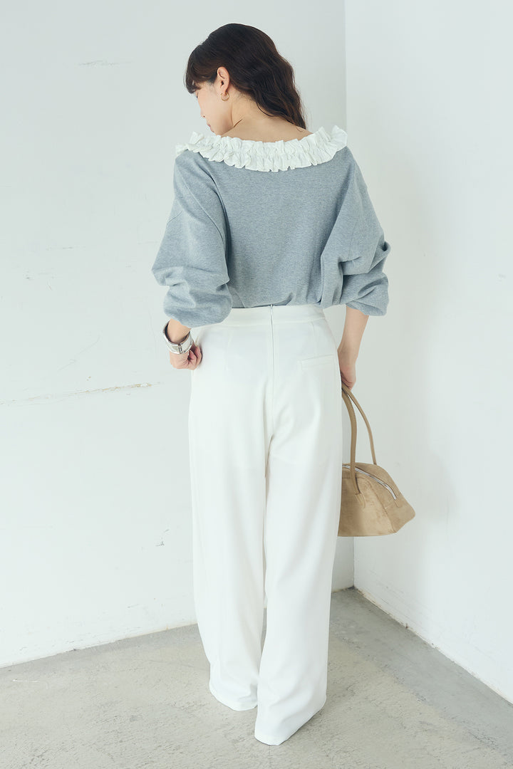 [SET]ネックギャザーフリルスウェット+サイドベルトタック入りスラックス(2set)