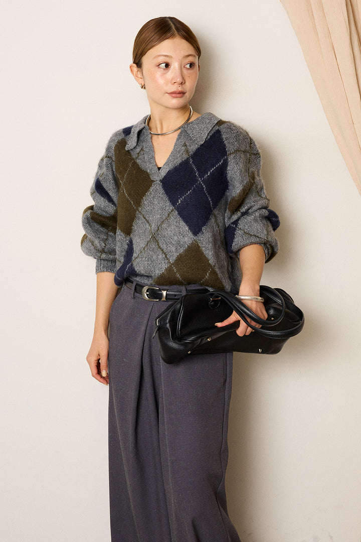 [SET]アクリルモヘアアーガイルキーネックプルオーバー+フロントワイドタックネップ入ワイドパンツ(2set)