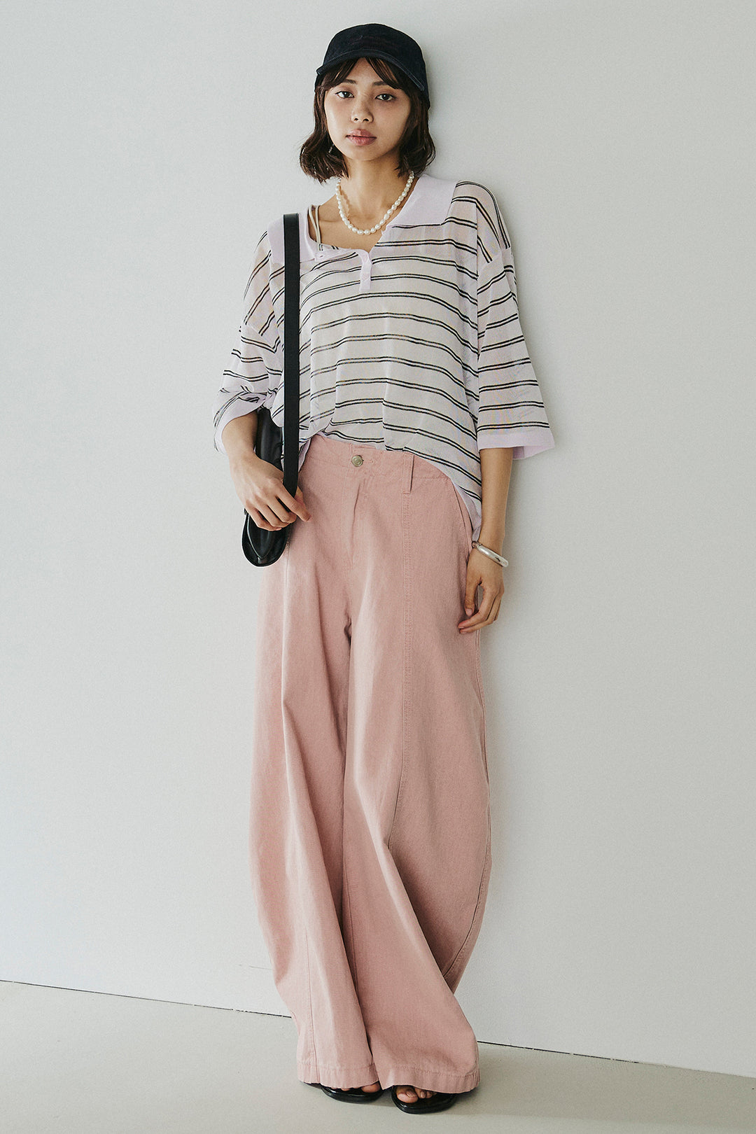 [SET]ボーダーニットポロシャツ+サイドベルトカーブワイドパンツ(2set)