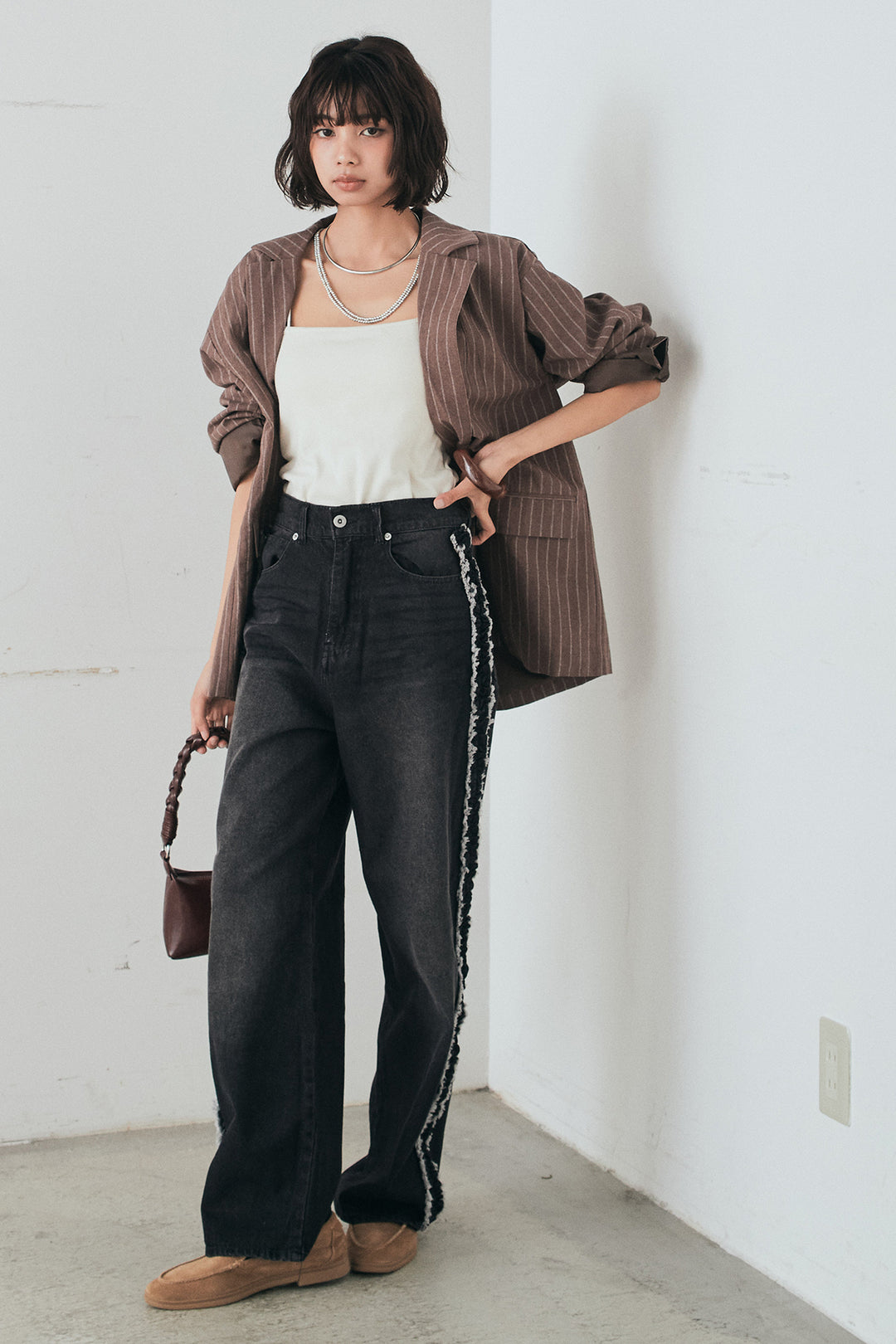 [SET]リネンライクストライプテーラードジャケット+デニムサイドフリルパンツ(2set)