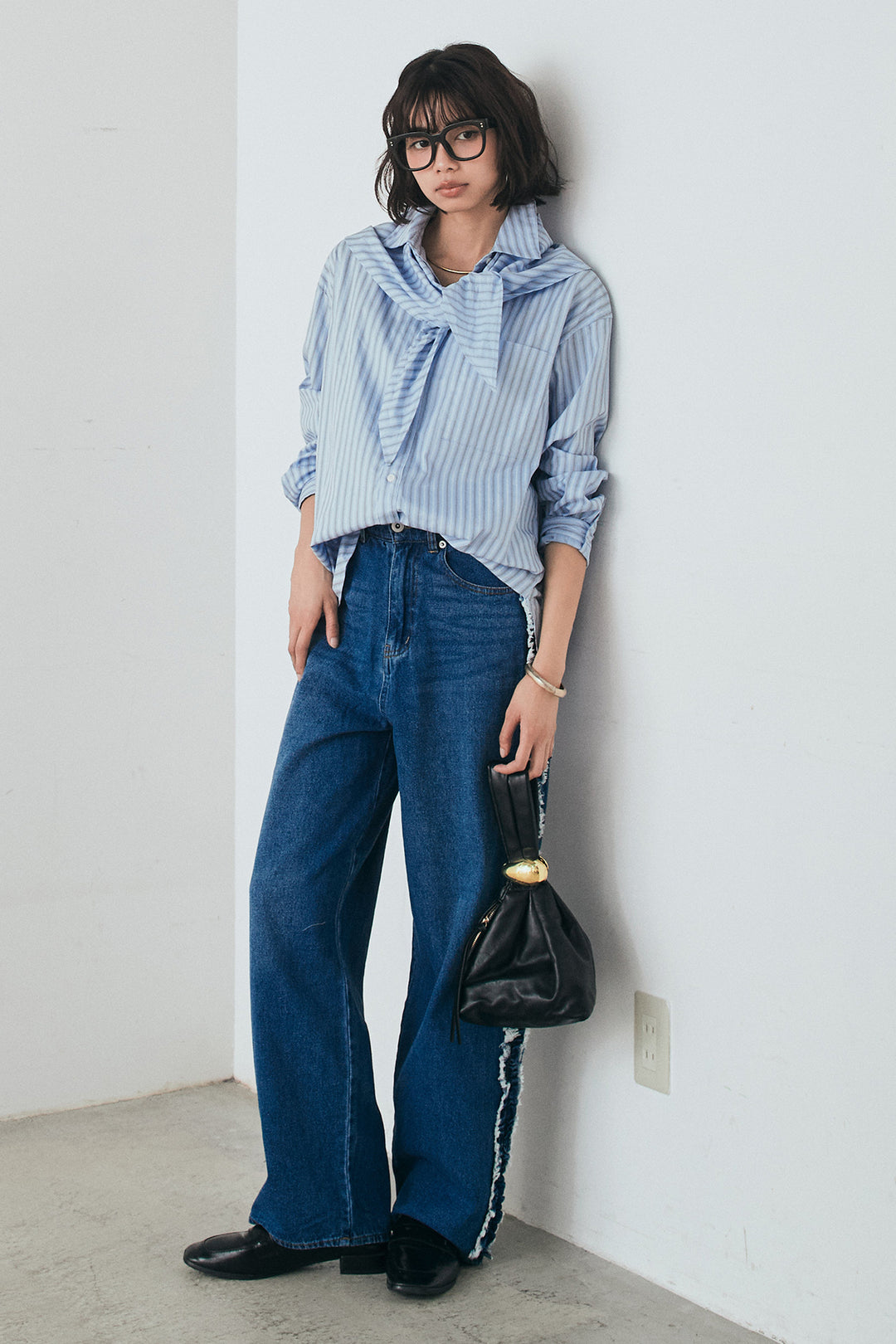 [SET]ランダムストライプスカーフ付きシャツ+デニムサイドフリルパンツ(2set)