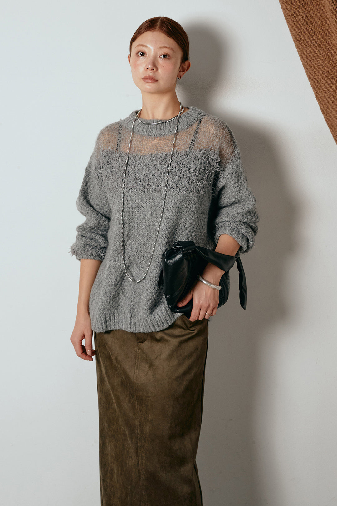 [SET]パターンランダム編みニットトップス+スウェードライク裾フリンジスカート(2set)