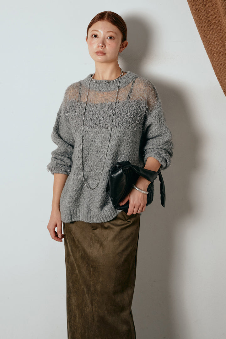 [SET]パターンランダム編みニットトップス+スウェードライク裾フリンジスカート(2set)