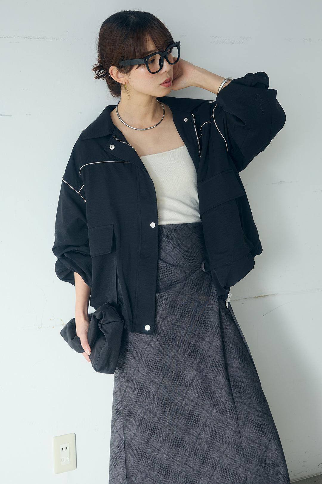 [SET]合繊ツイルバルーンジャケット+タータンチェック柄フロントデザインスカート(2set)