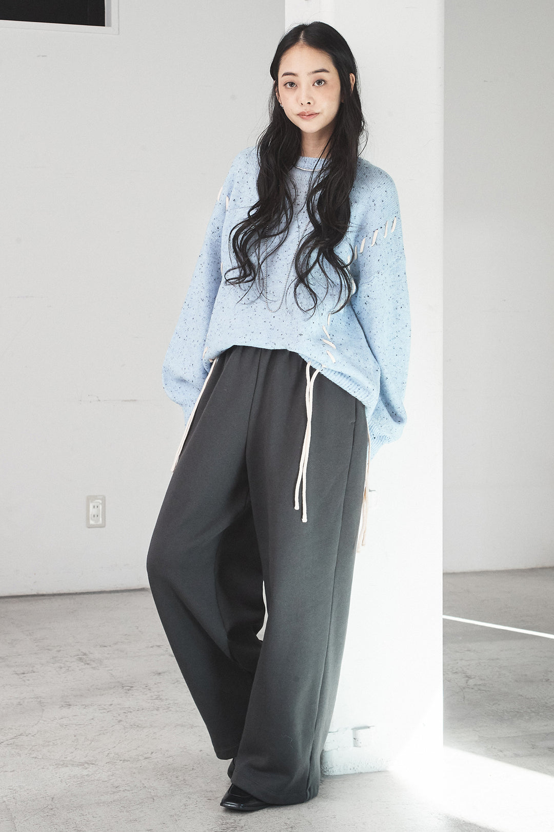 [SET]ネップ編み上げニットトップス+裏起毛スウェットワイドパンツ(2set)