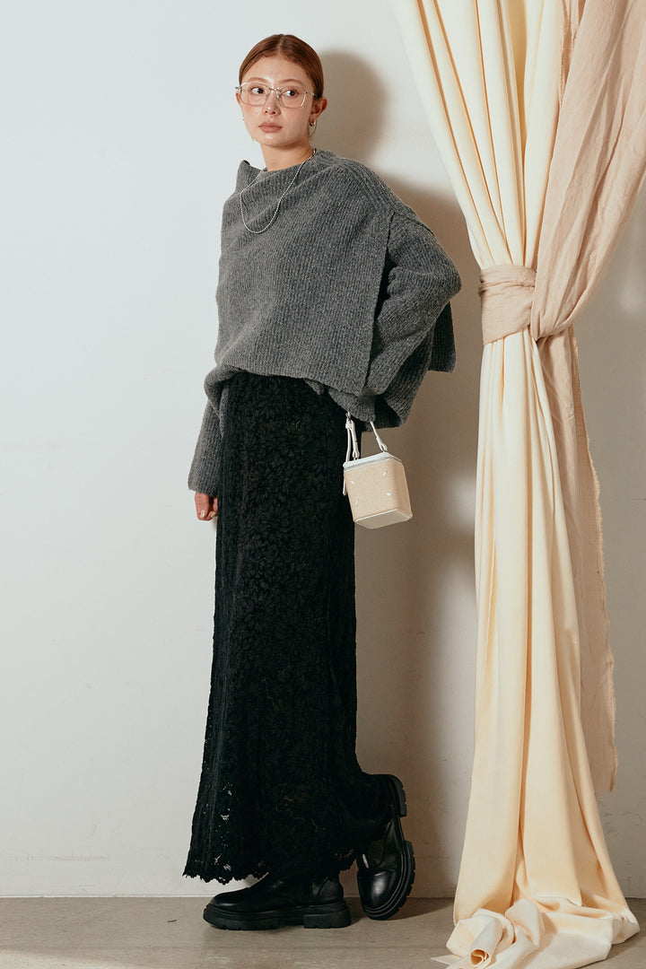[SET]ケープデザインリブニットトップス+花柄刺繍ベロアフレアスカート(2set)