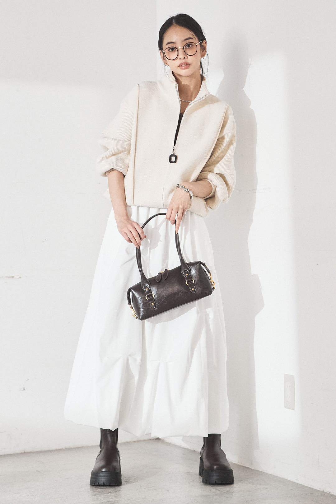 [SET]ハイネックパイピングデザインブルゾン+ランダムタックバルーンスカート(2set)