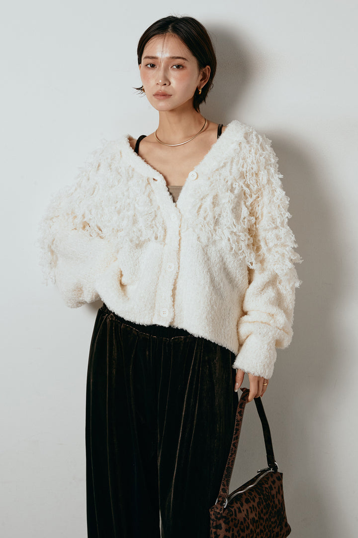 [SET]ループ編みVネックニットカーディガン+ベロアサスペンダー付きパンツ(2set)