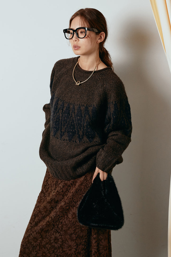 [SET]モノトーン柄ニットトップス+花柄刺繍ベロアフレアスカート(2set)