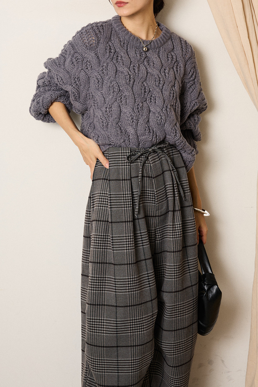 [SET]ケーブルリラックスショートニット+グレンチェックルーズタックパンツ(2set)