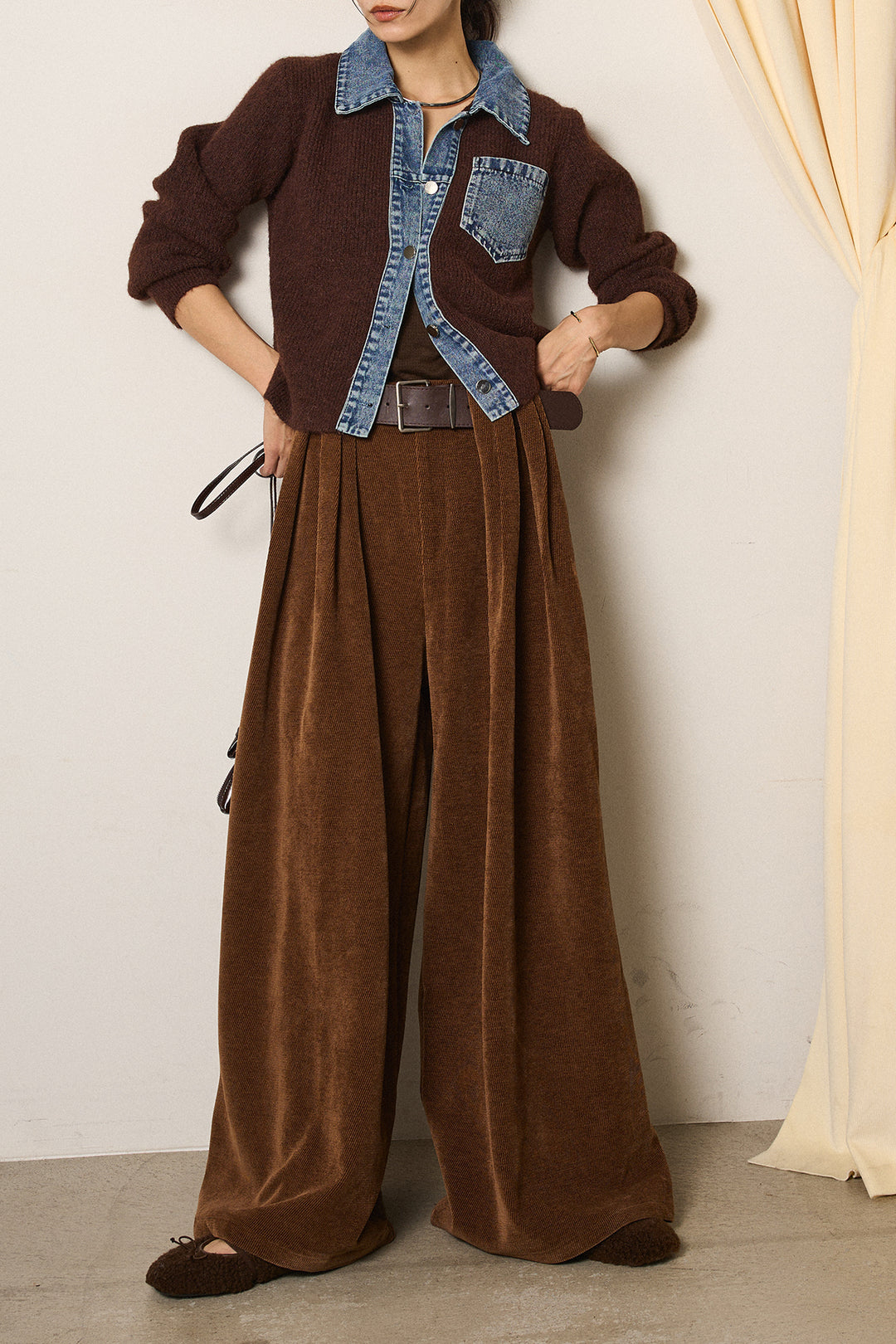 [SET]襟付きデニム切替ニットカーディガン+ベルトループコーデュロイワイドパンツ(2set)