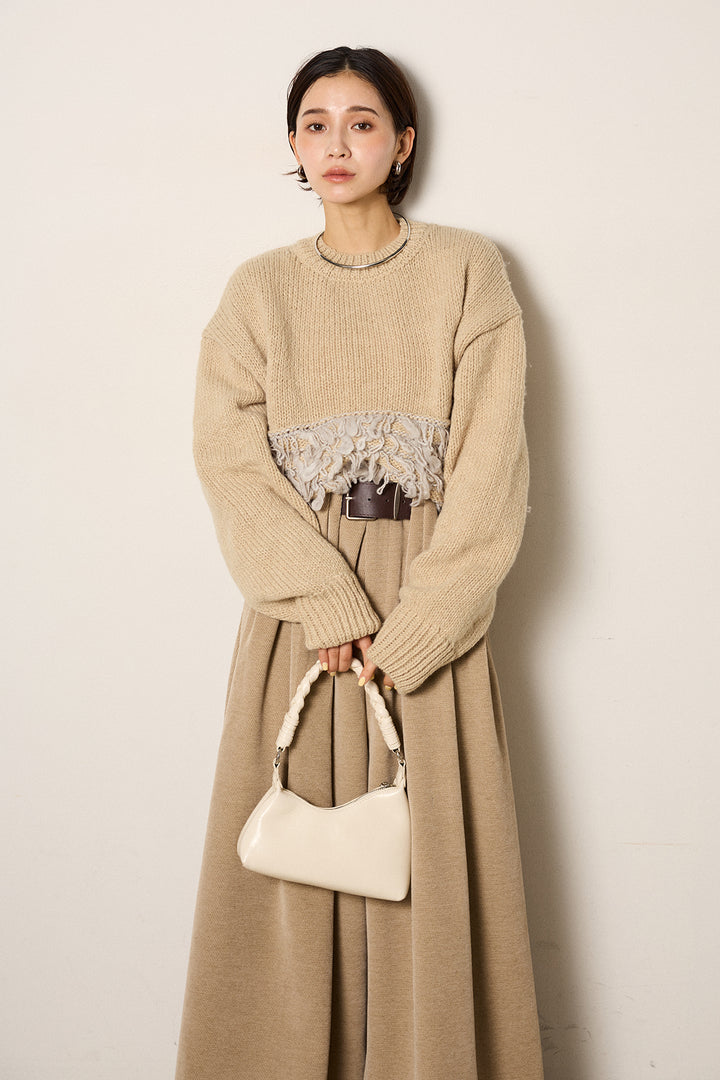 [SET]ループ編み切り替えニットプルオーバー+ベルトループコーデュロイワイドパンツ(2set)