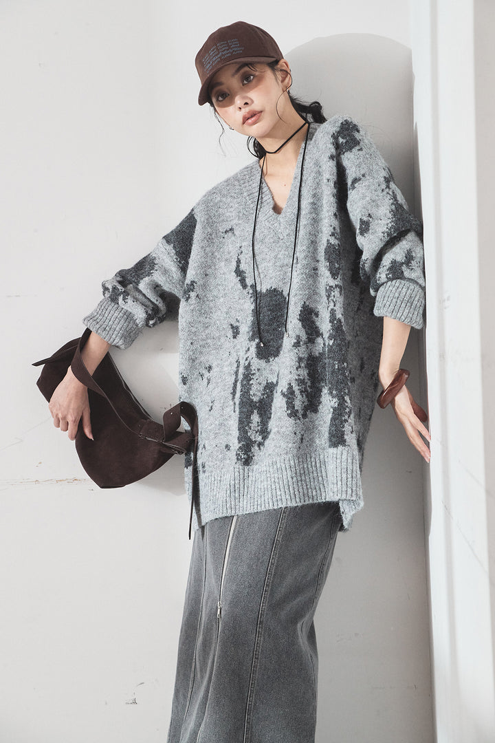 [SET]アブストラクト柄ニットプルオーバー+フロントジップデニムスカート(2set)