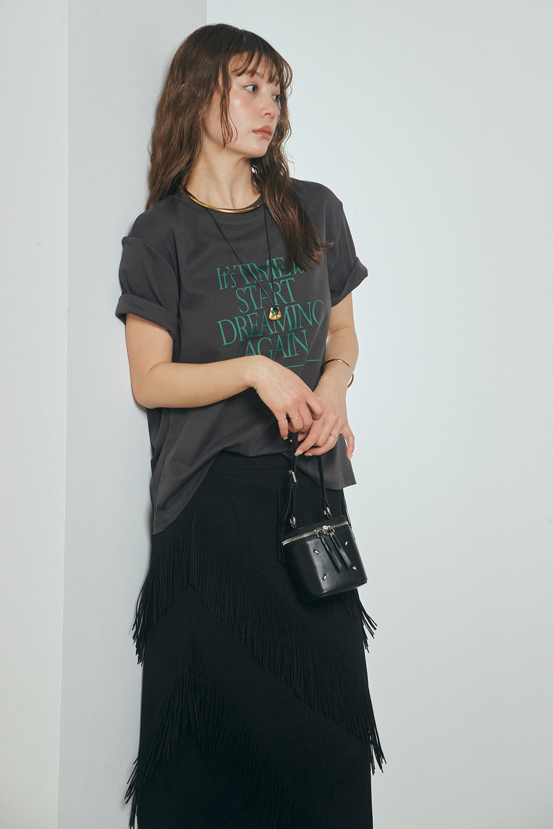 [SET]半袖TIMEロゴカットソー+斜めフリンジデザインスカート(2set)