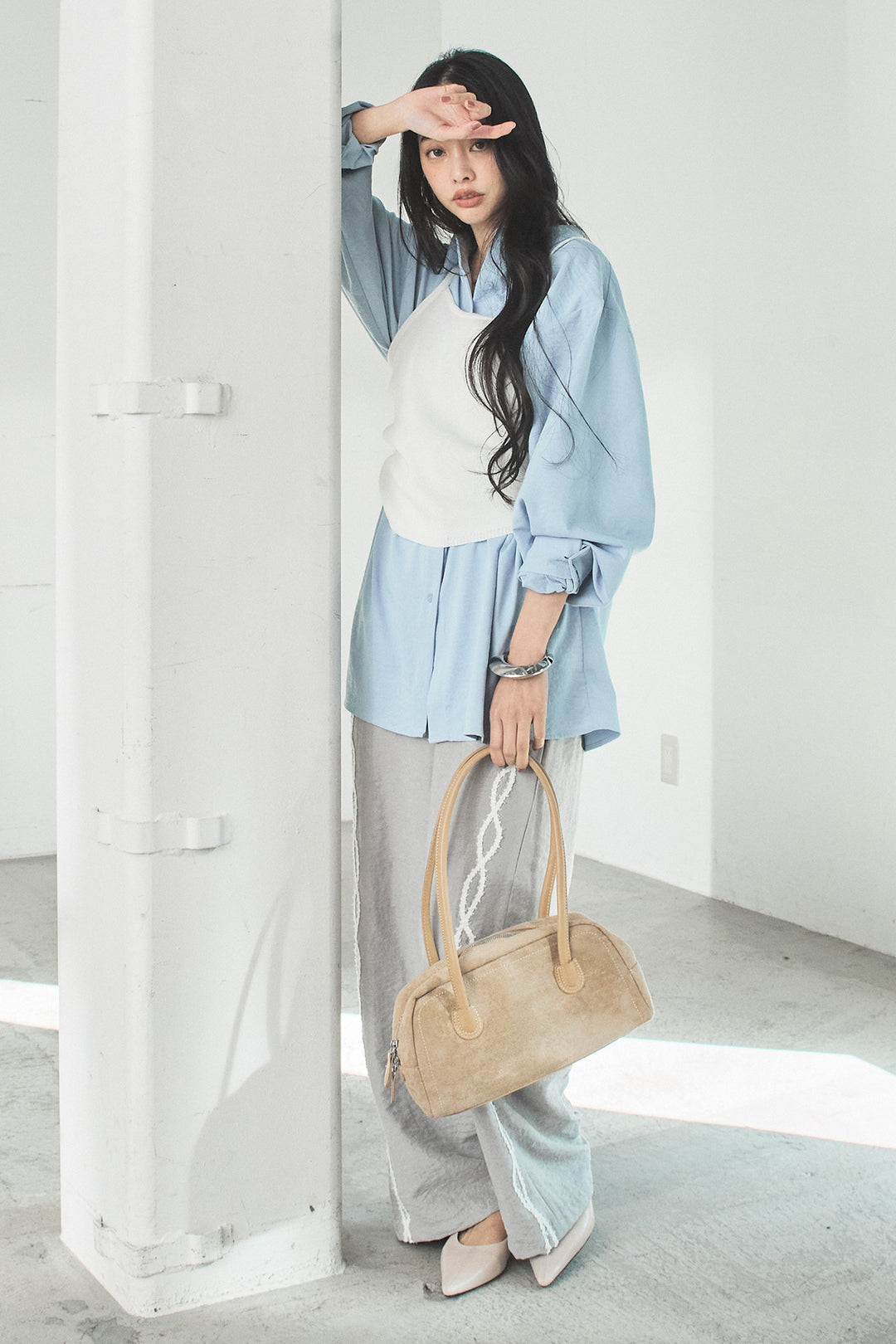 [SET]ニットキャミ付きシャツ+刺繡テープラインパンツ(2set)