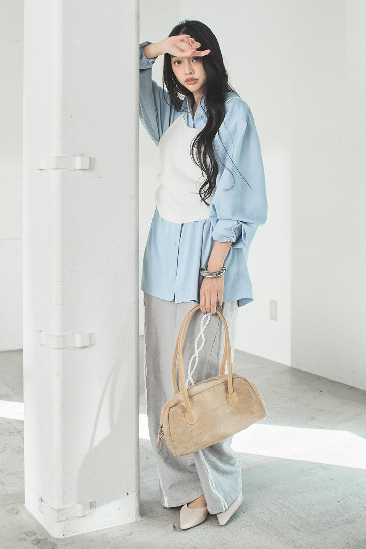 [SET]ニットキャミ付きシャツ+刺繡テープラインパンツ(2set)