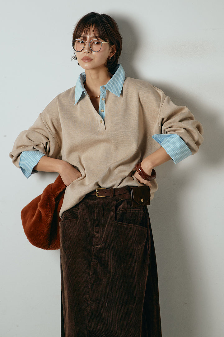 [SET]ストライプシャツドッキングポロトップス+ポーチベルト付きコーデュロイワイドスカート(2set)