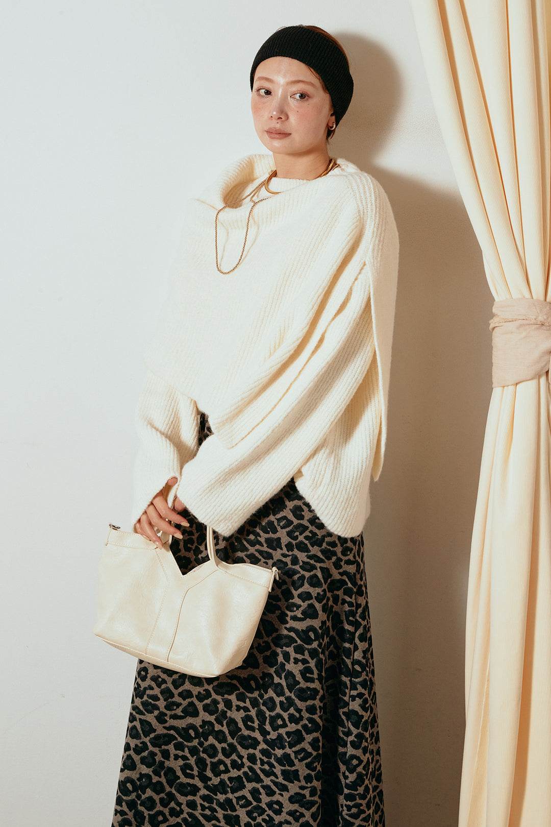 [SET]ケープデザインリブニットトップス+レオパードロングスカート(2set)