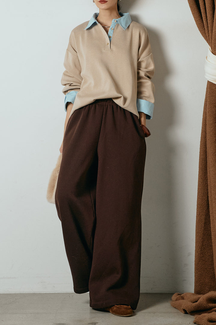 [SET]ストライプシャツドッキングポロトップス+裏起毛スウェットワイドパンツ(2set)