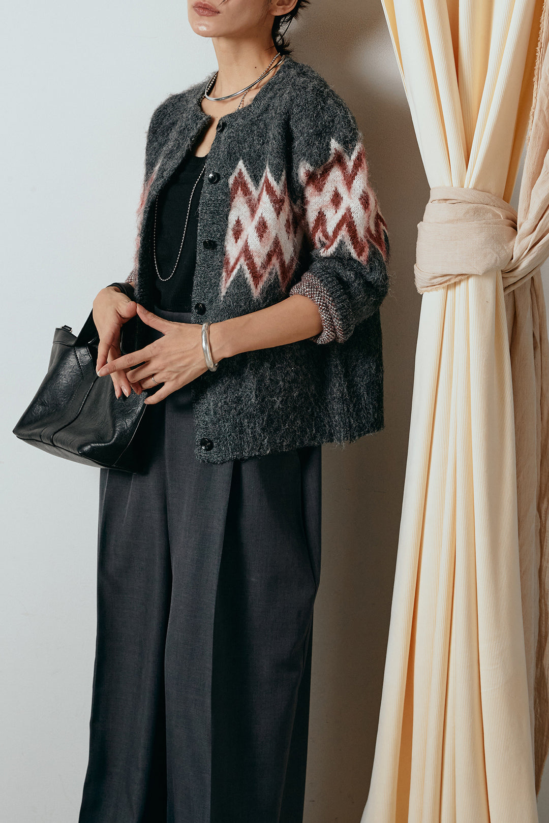 [SET]起毛ノルディック柄ニットカーディガン+ワイドツイルサロペット(2set)