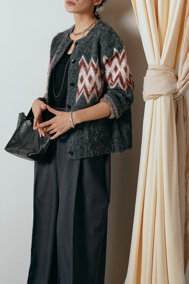[SET]起毛ノルディック柄ニットカーディガン+ワイドツイルサロペット(2set)