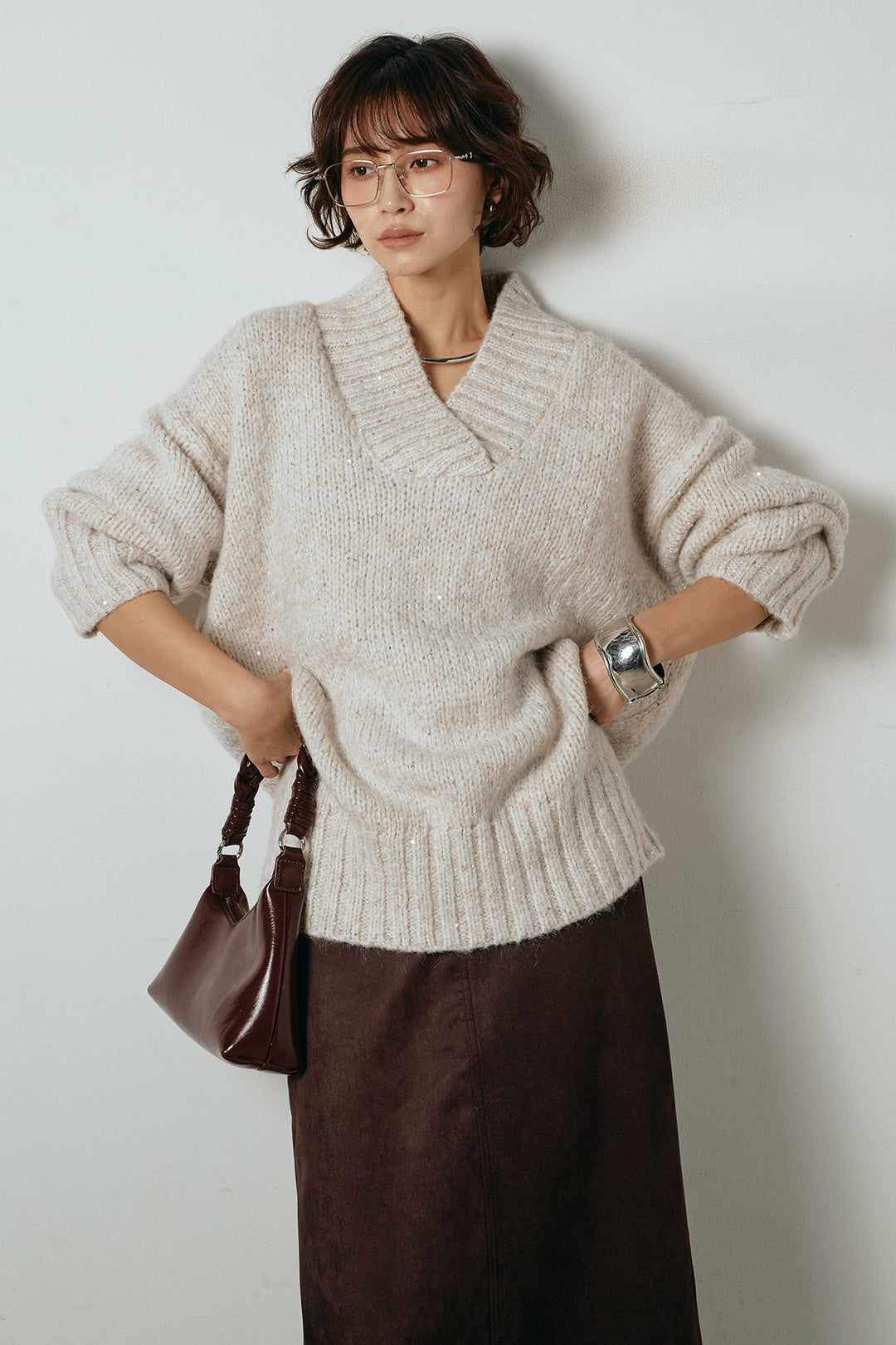 [SET]Vネックラメニットトップス+スウェードライク裾フリンジスカート(2set)