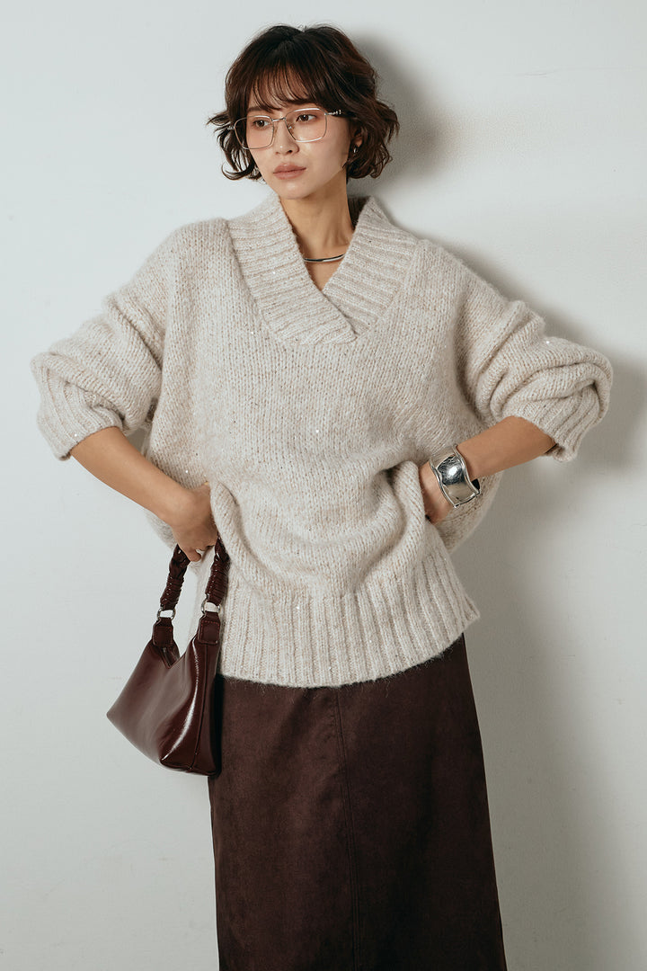 [SET]Vネックラメニットトップス+スウェードライク裾フリンジスカート(2set)